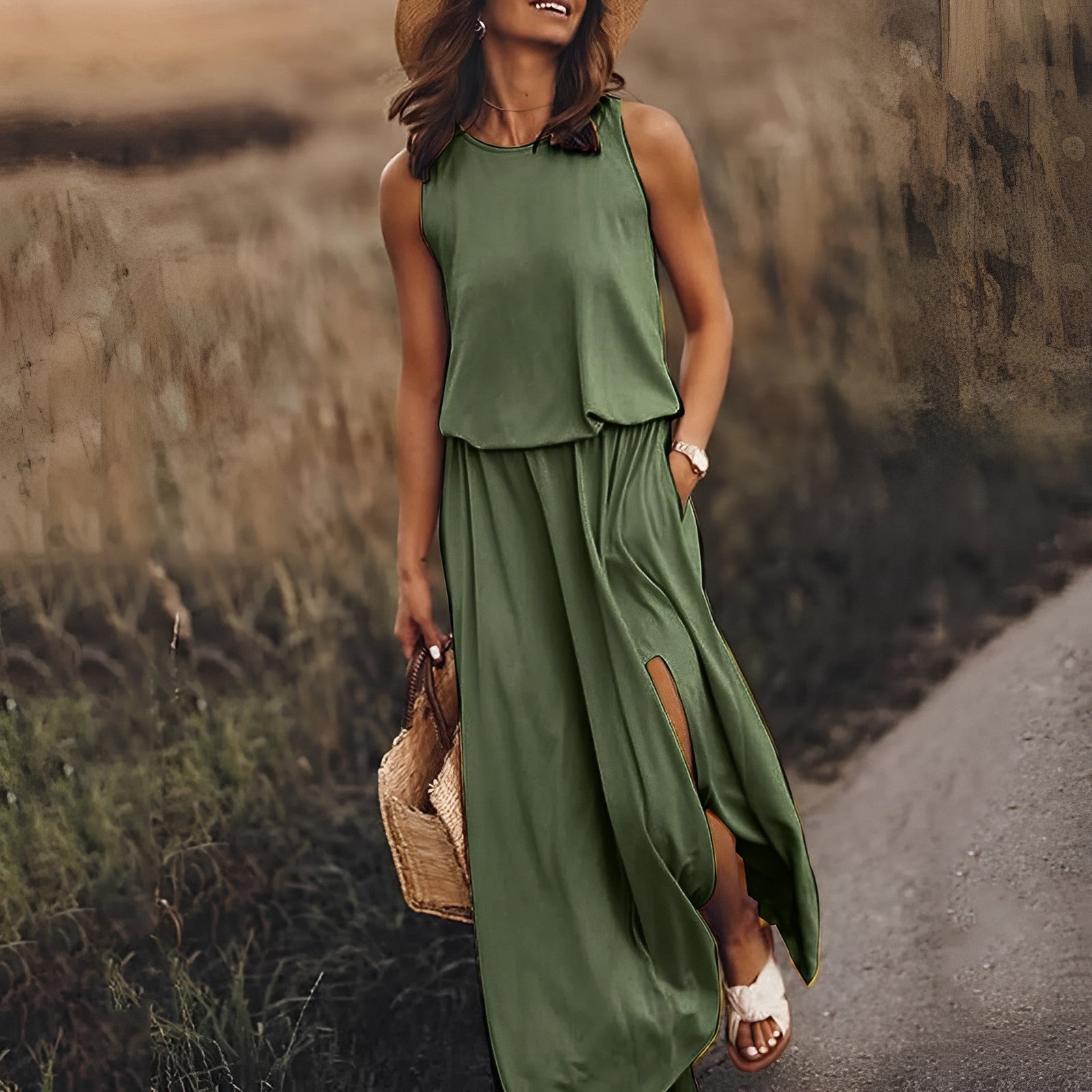Women’s Maxi Dress – Sleeveless Boho Layered Top with Side Slit & Pockets