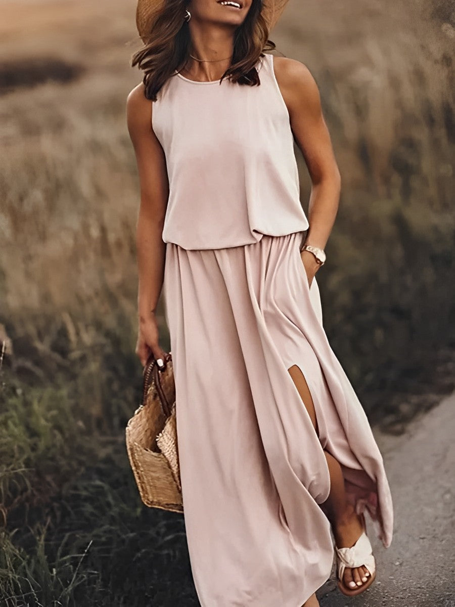 Women’s Maxi Dress – Sleeveless Boho Layered Top with Side Slit & Pockets