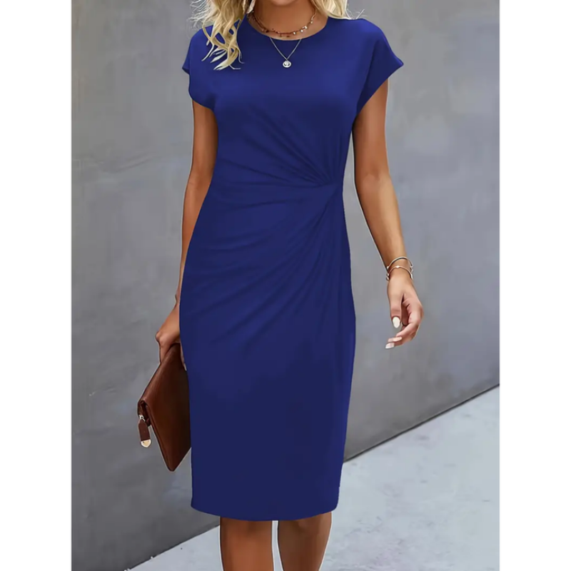 Women’s Midi Dress – Cap Sleeve, Crew Neck, Ruched Waist