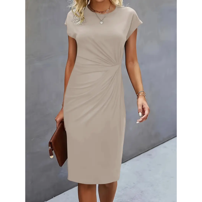 Women’s Midi Dress – Cap Sleeve, Crew Neck, Ruched Waist