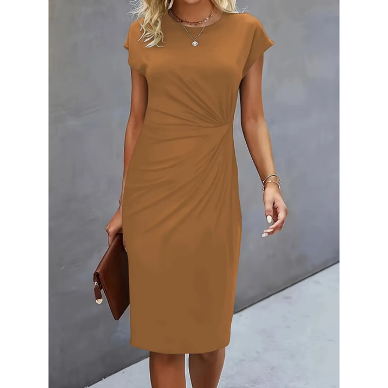 Women’s Midi Dress – Cap Sleeve, Crew Neck, Ruched Waist