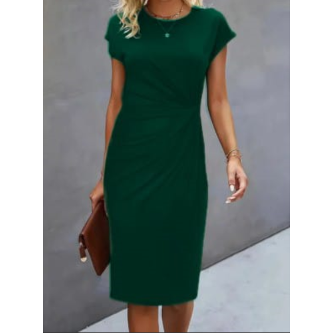 Women’s Midi Dress – Cap Sleeve, Crew Neck, Ruched Waist