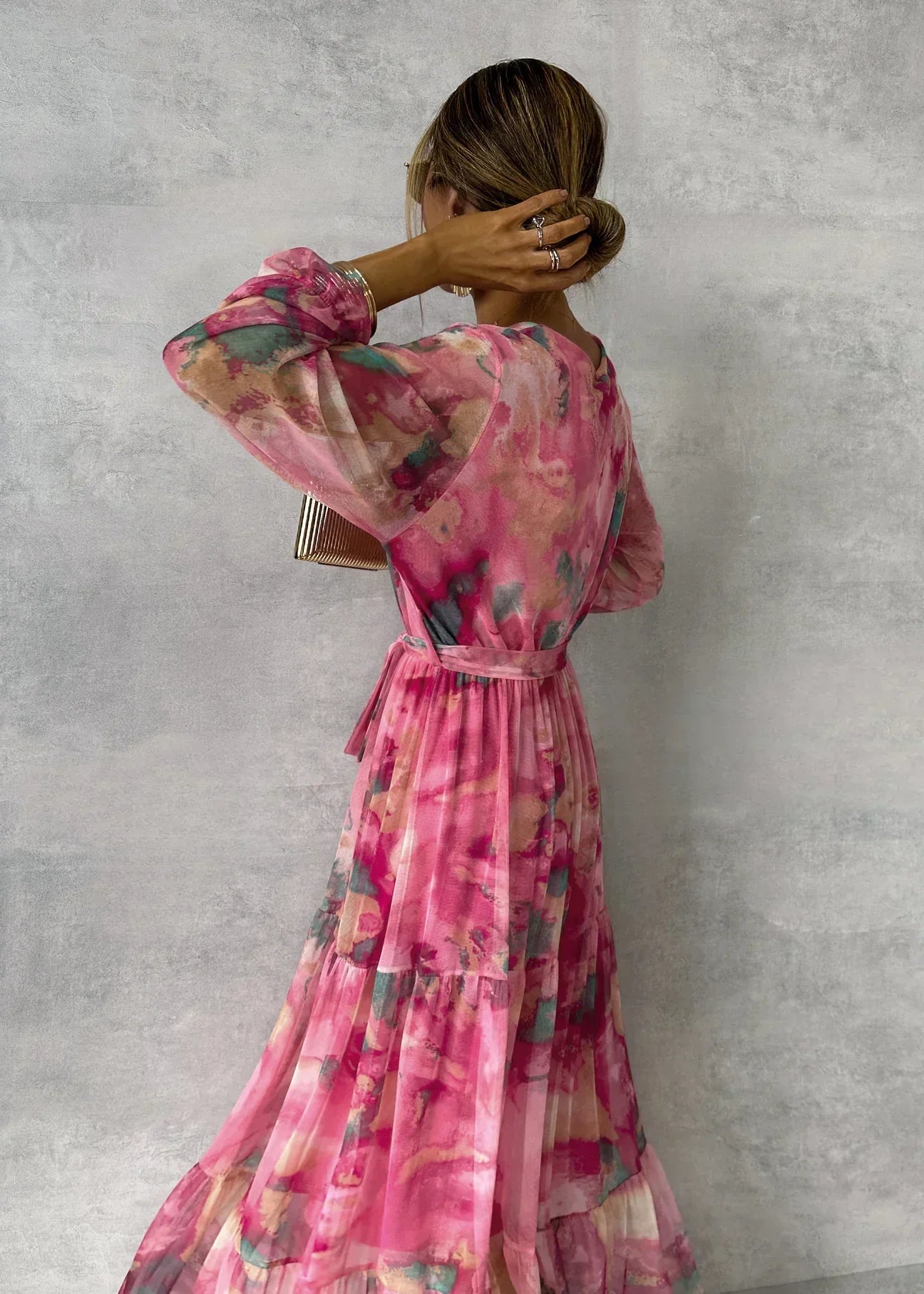 Women’s Pink Maxi Floral Wrap Dress with Long Sleeves – Elegant Evening & Party Wear