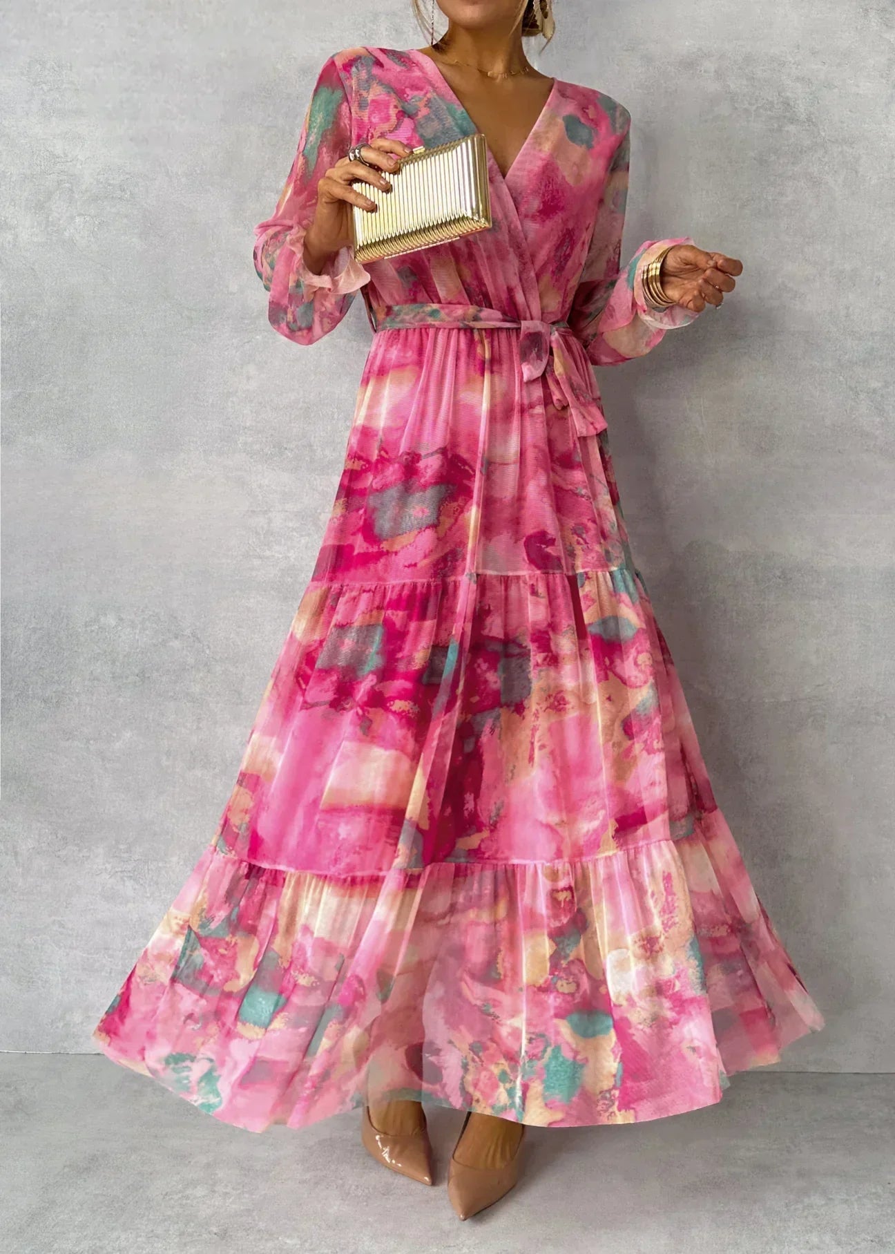 Women’s Pink Maxi Floral Wrap Dress with Long Sleeves – Elegant Evening & Party Wear