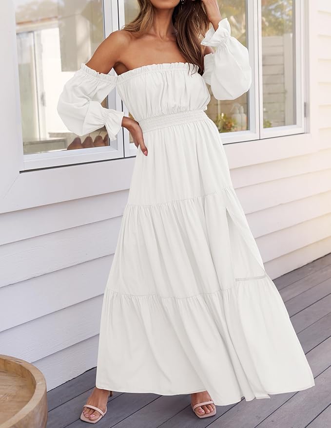 Women’s White Off-Shoulder Maxi Dress – Long Puff Sleeves, Smocked Waist & Side Slit