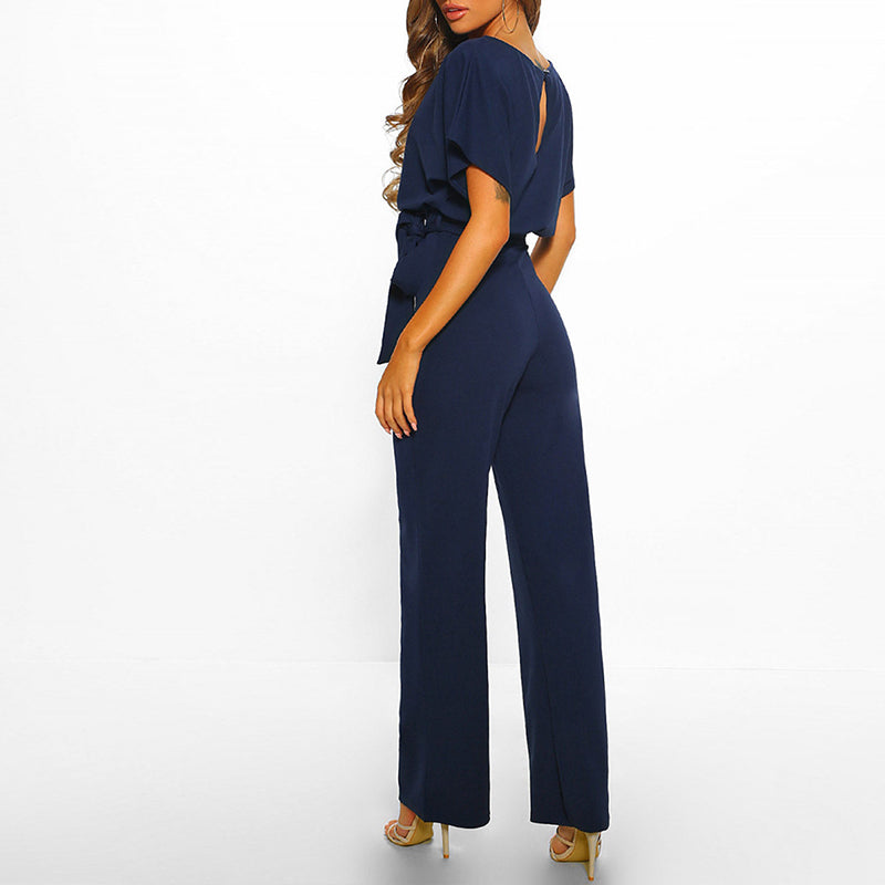 Women’s Wide-Leg Jumpsuit – Short Sleeve Boat Neck, Belted Waist, Full Length
