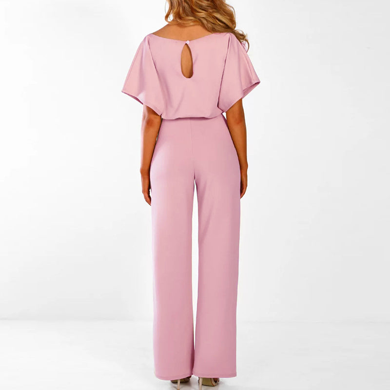 Women’s Wide-Leg Jumpsuit – Short Sleeve Boat Neck, Belted Waist, Full Length