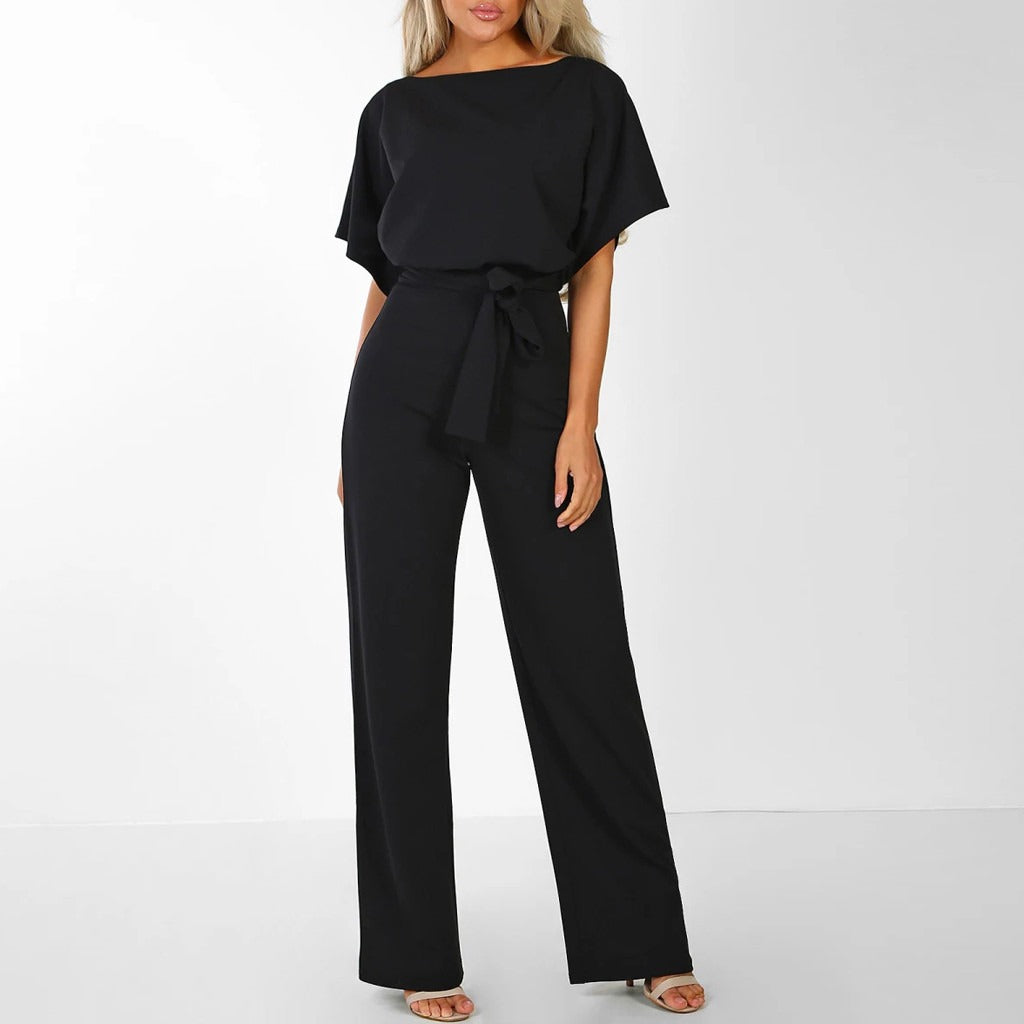 Women’s Wide-Leg Jumpsuit – Short Sleeve Boat Neck, Belted Waist, Full Length