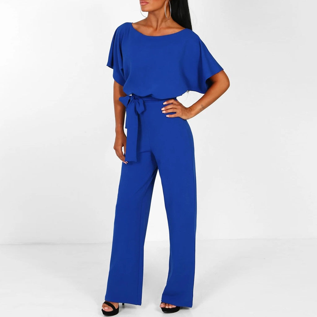 Women’s Wide-Leg Jumpsuit – Short Sleeve Boat Neck, Belted Waist, Full Length