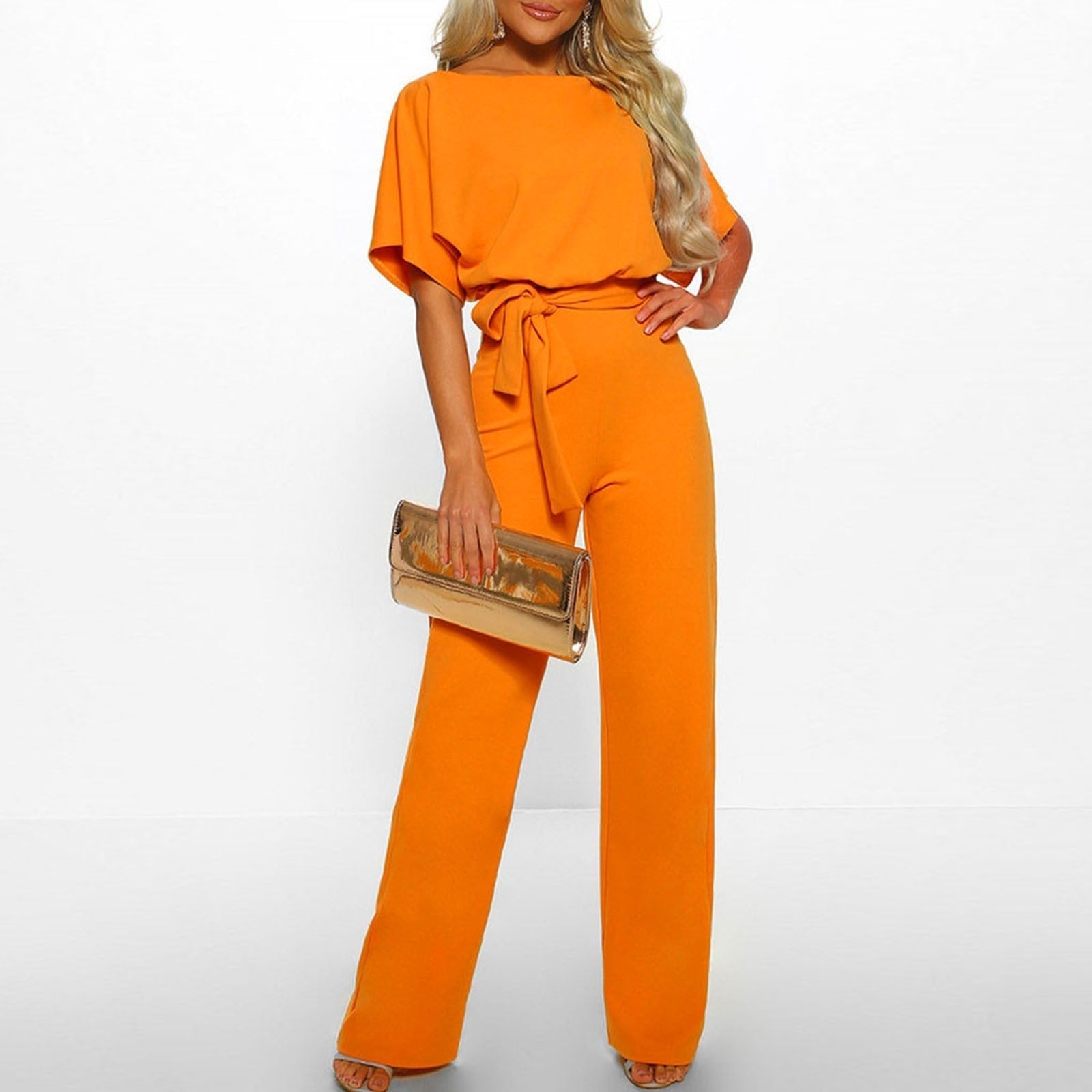 Women’s Wide-Leg Jumpsuit – Short Sleeve Boat Neck, Belted Waist, Full Length