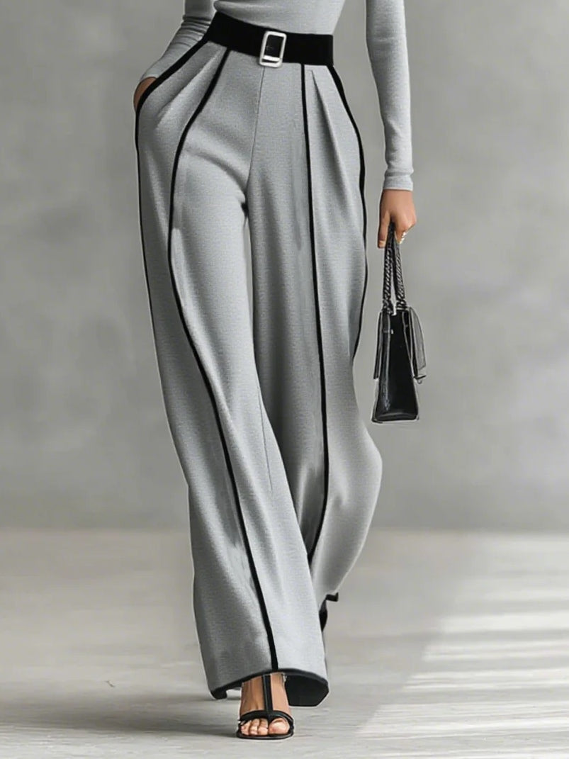White Trim High-Neck Long-Sleeved Top with Wide-Leg Pants and Belt Set