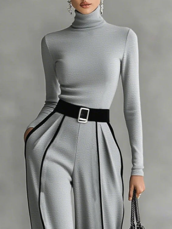 White Trim High-Neck Long-Sleeved Top with Wide-Leg Pants and Belt Set