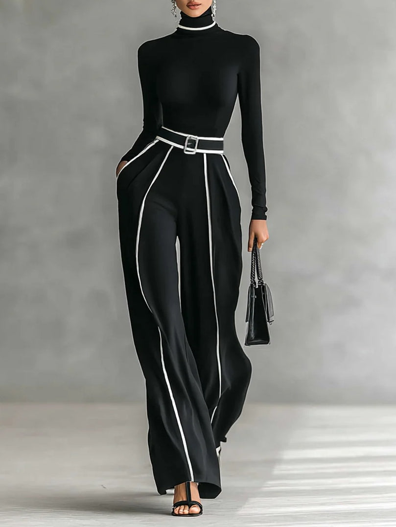White Trim High-Neck Long-Sleeved Top with Wide-Leg Pants and Belt Set