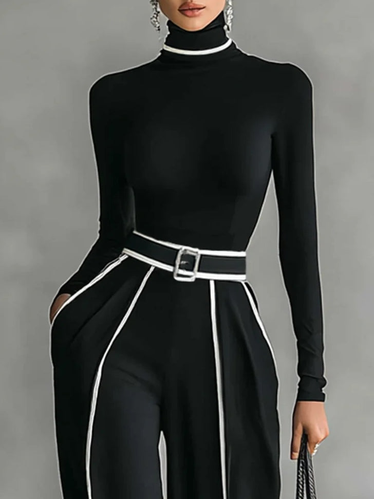 White Trim High-Neck Long-Sleeved Top with Wide-Leg Pants and Belt Set
