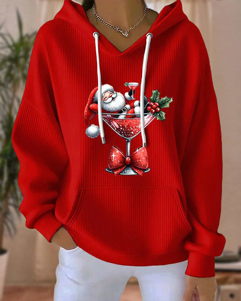 Hoodie with Santa Claus and Wine Bottle Print, Headgear Design