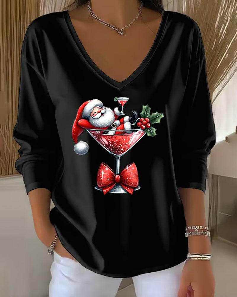 Loose Sitting Top with V-Neck and Christmas Print with Wine Glass