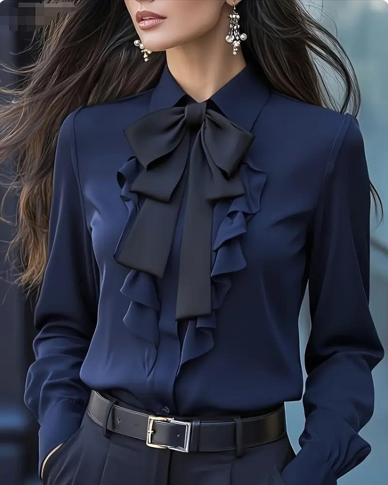 Long-Sleeved Blouse with Bow and Ruffles