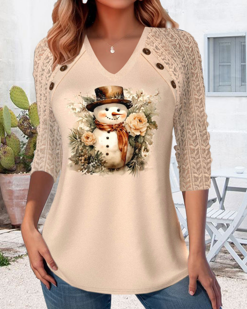 Relaxed top with V-neck snowman print