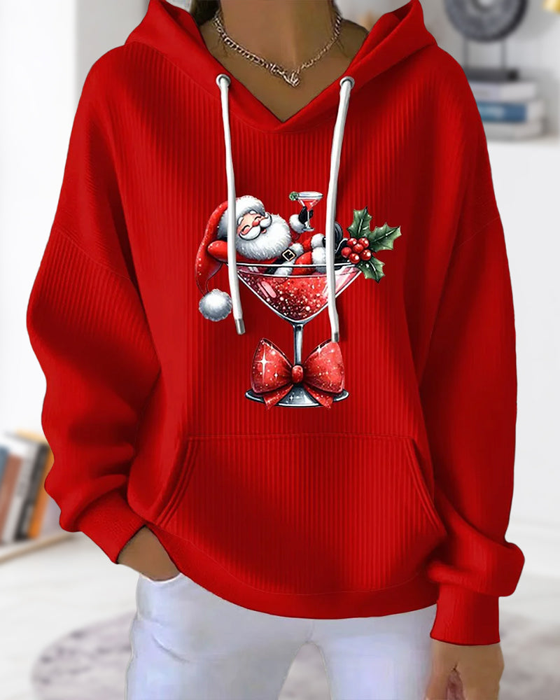 Hoodie with Santa Claus and Wine Bottle Print, Headgear Design