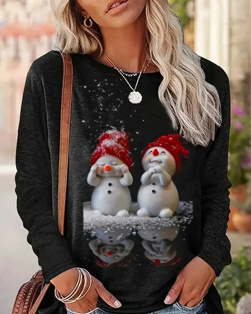 Snowman Printed Casual Long Sleeve Top with Round Neck