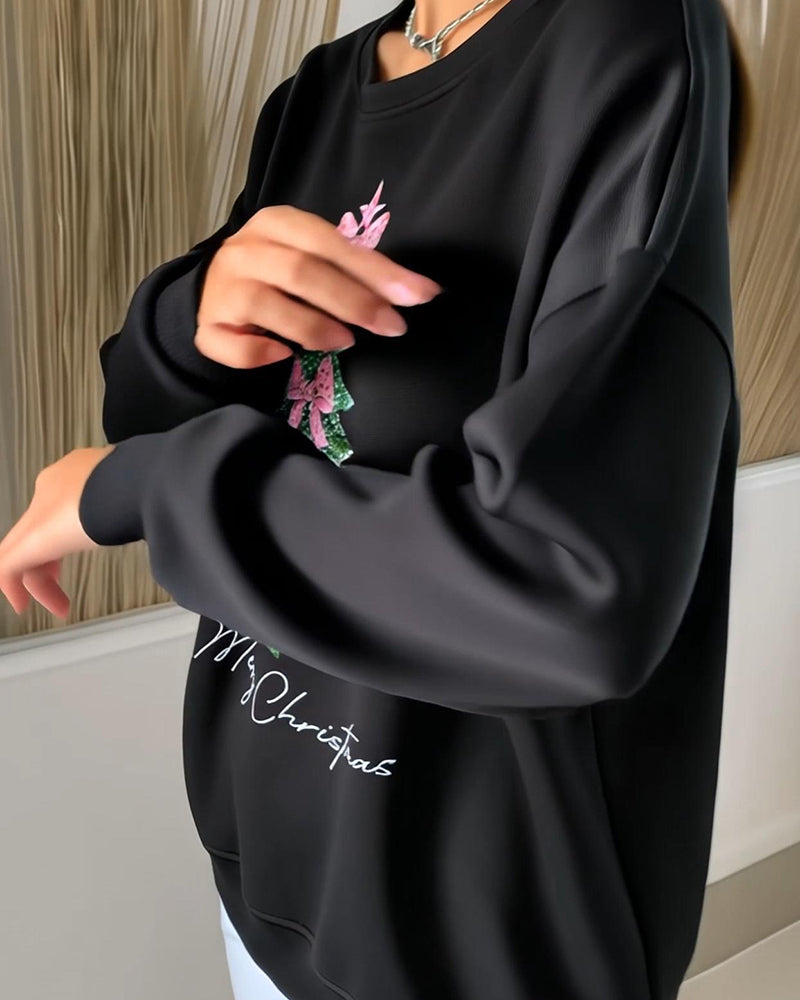 Crewneck Sweatshirt with Yellow Print and Long Sleeves