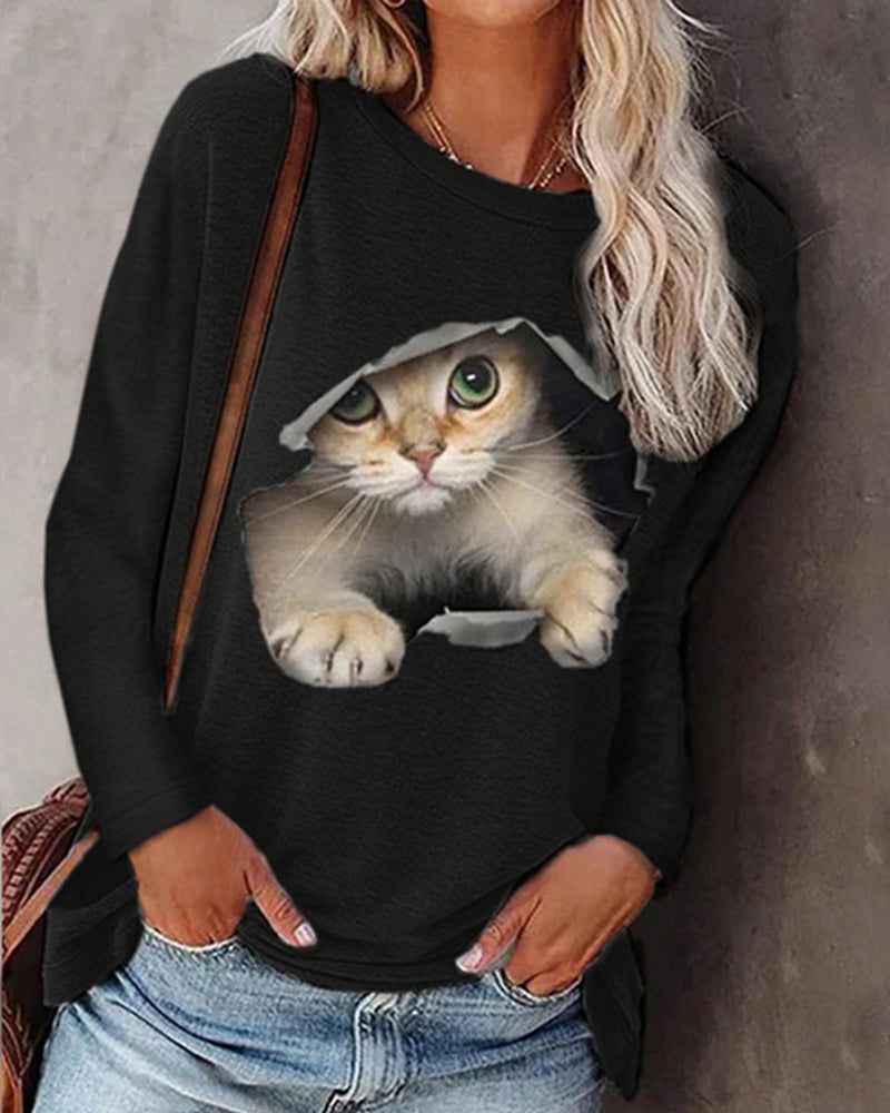 Long-sleeved top with cat print