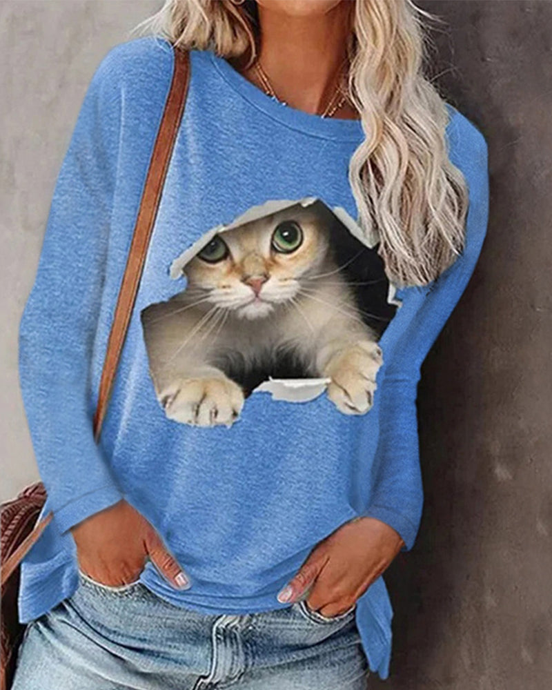 Long-sleeved top with cat print