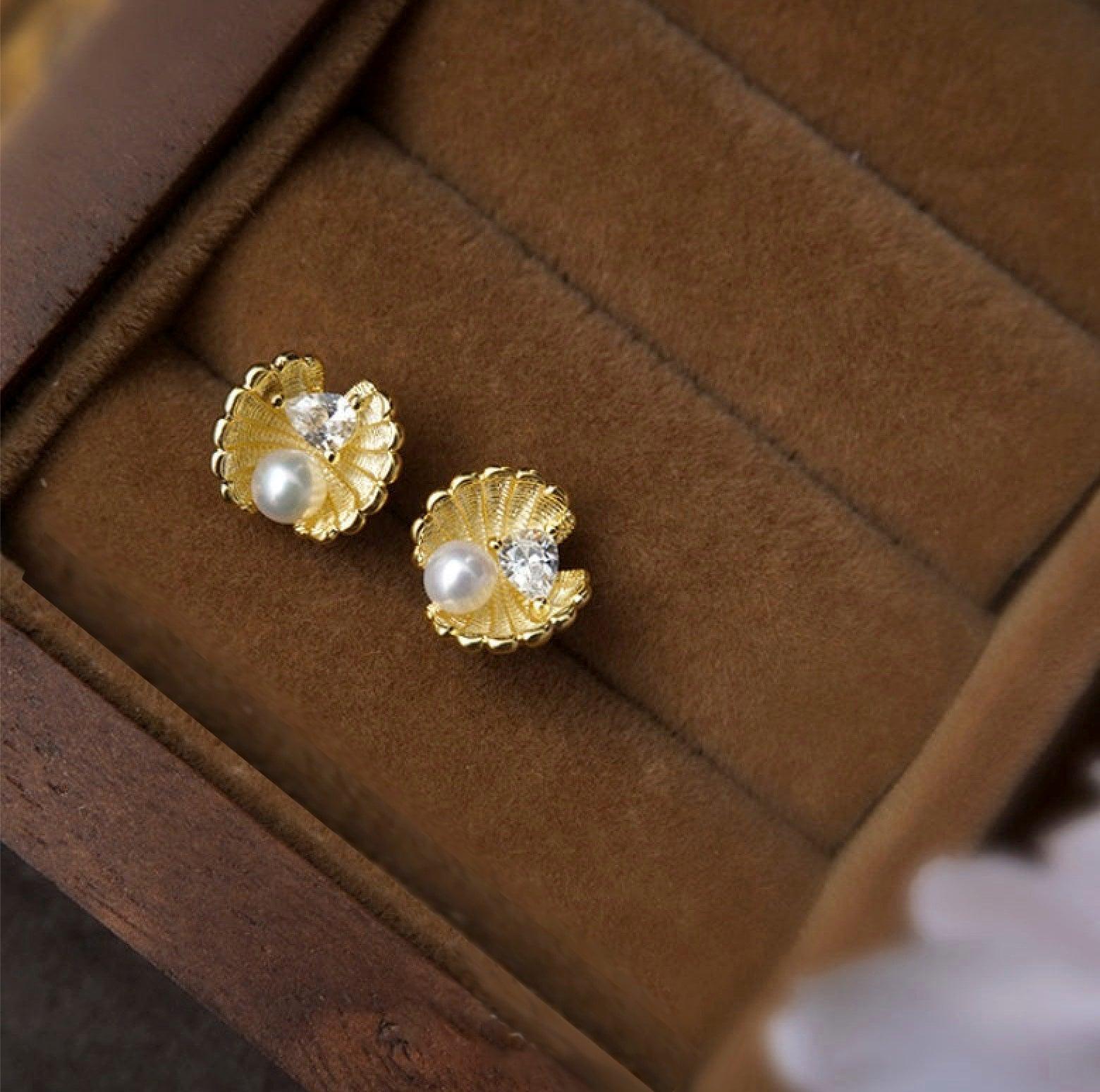 Stylish French Pearl Shell Earrings with Sun Charm - Elegance and Sunshine in One