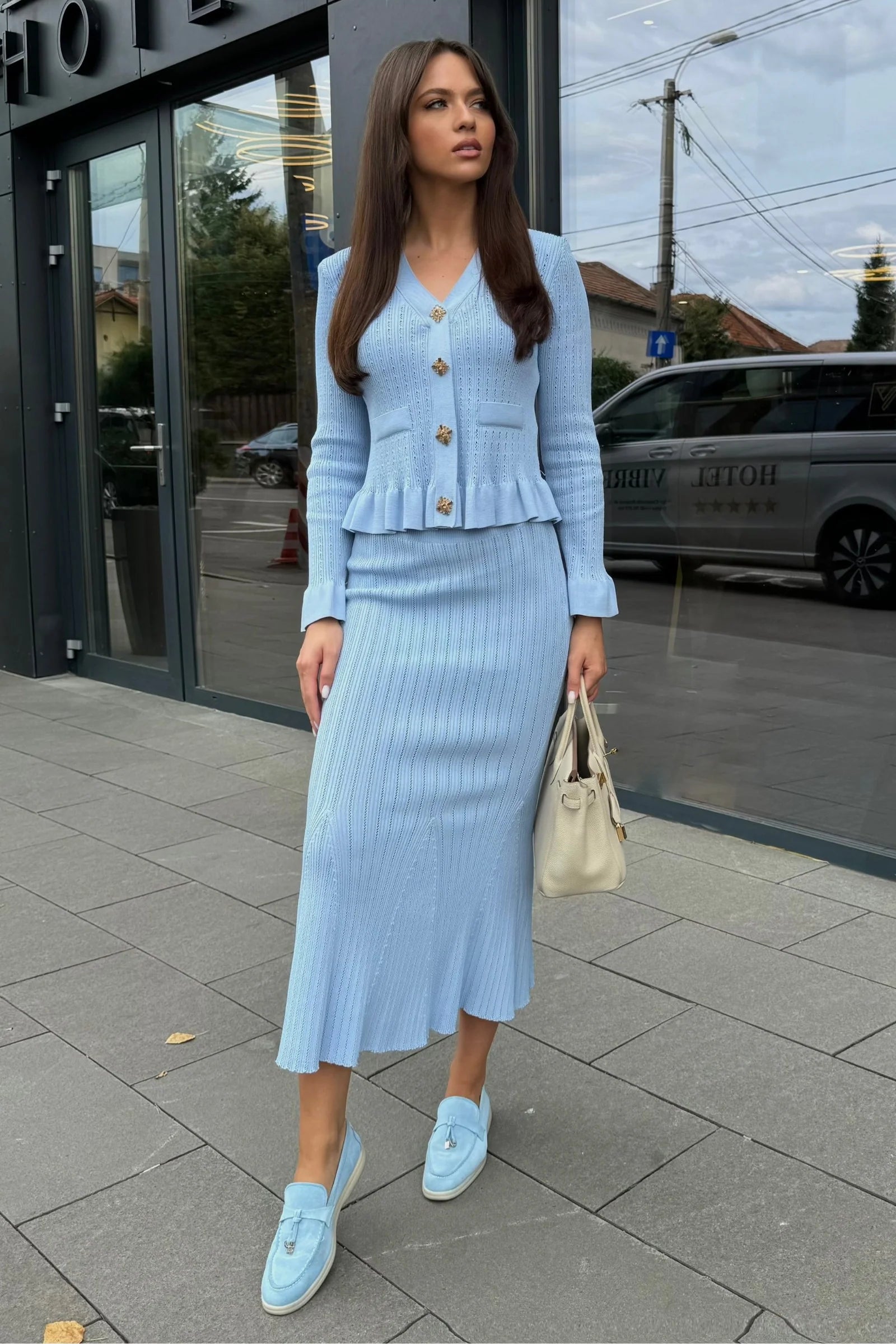 Ruffled Jacket & Flared Skirt Knit Matching Set