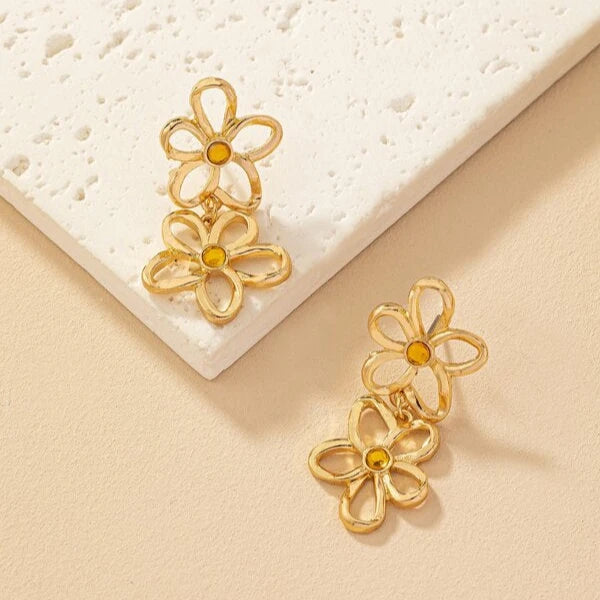 Elegant Gold Double Flower Earrings