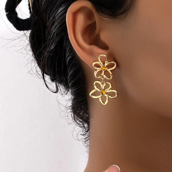 Elegant Gold Double Flower Earrings
