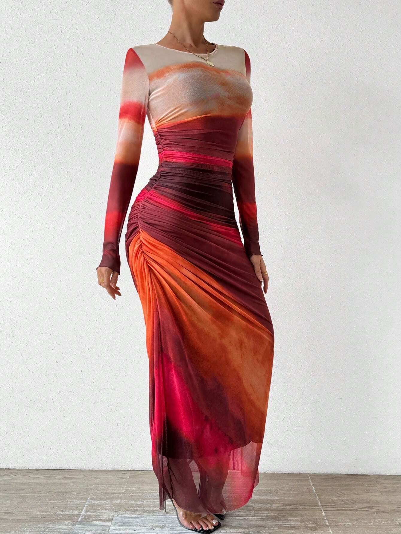 Tie Dye Ruched Maxi Dress