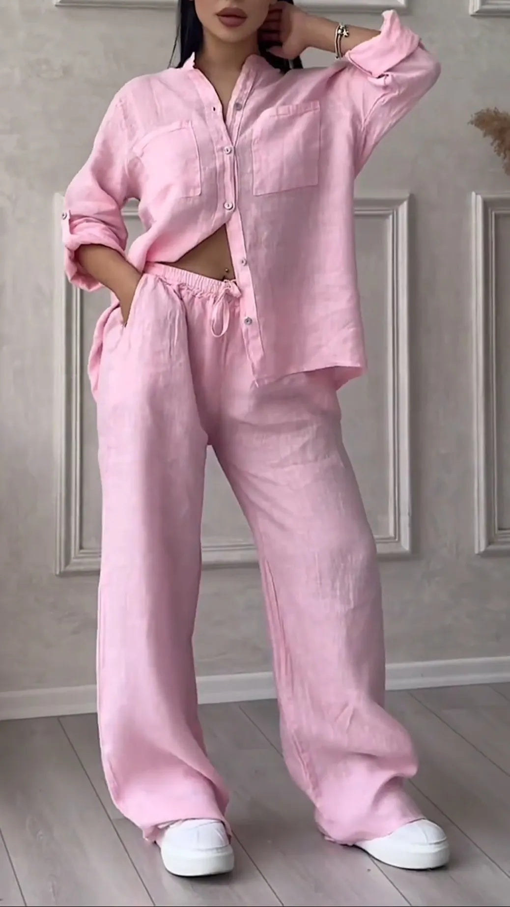 Rose V-Neck Cotton Linen Casual Suit