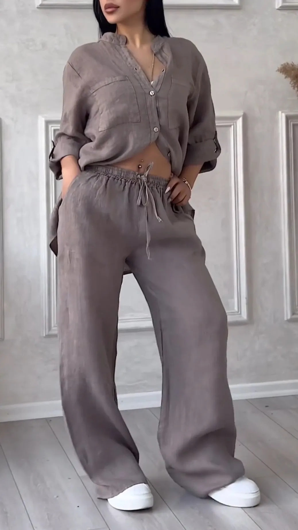 Rose V-Neck Cotton Linen Casual Suit