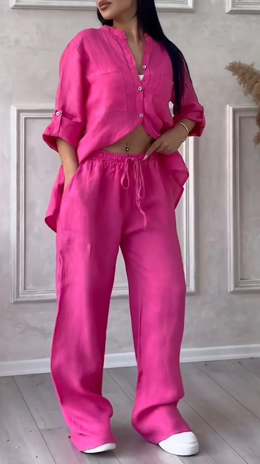 Rose V-Neck Cotton Linen Casual Suit