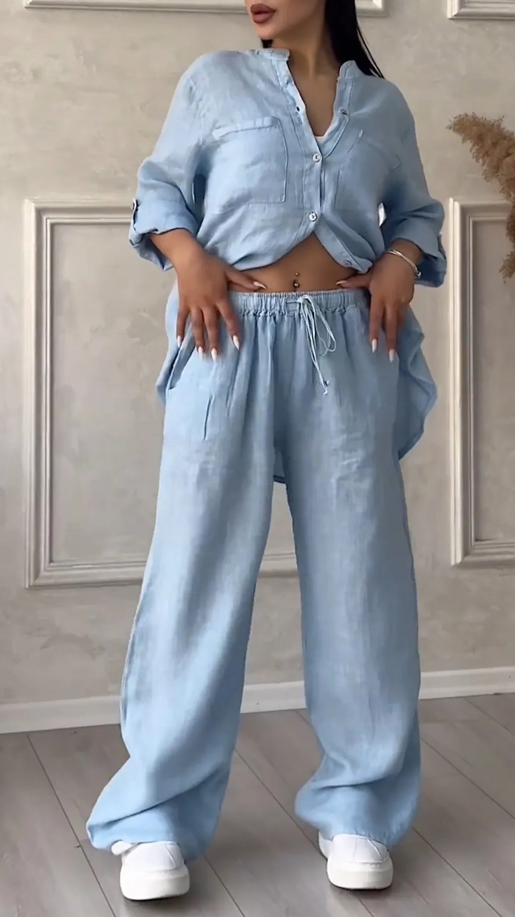 Rose V-Neck Cotton Linen Casual Suit