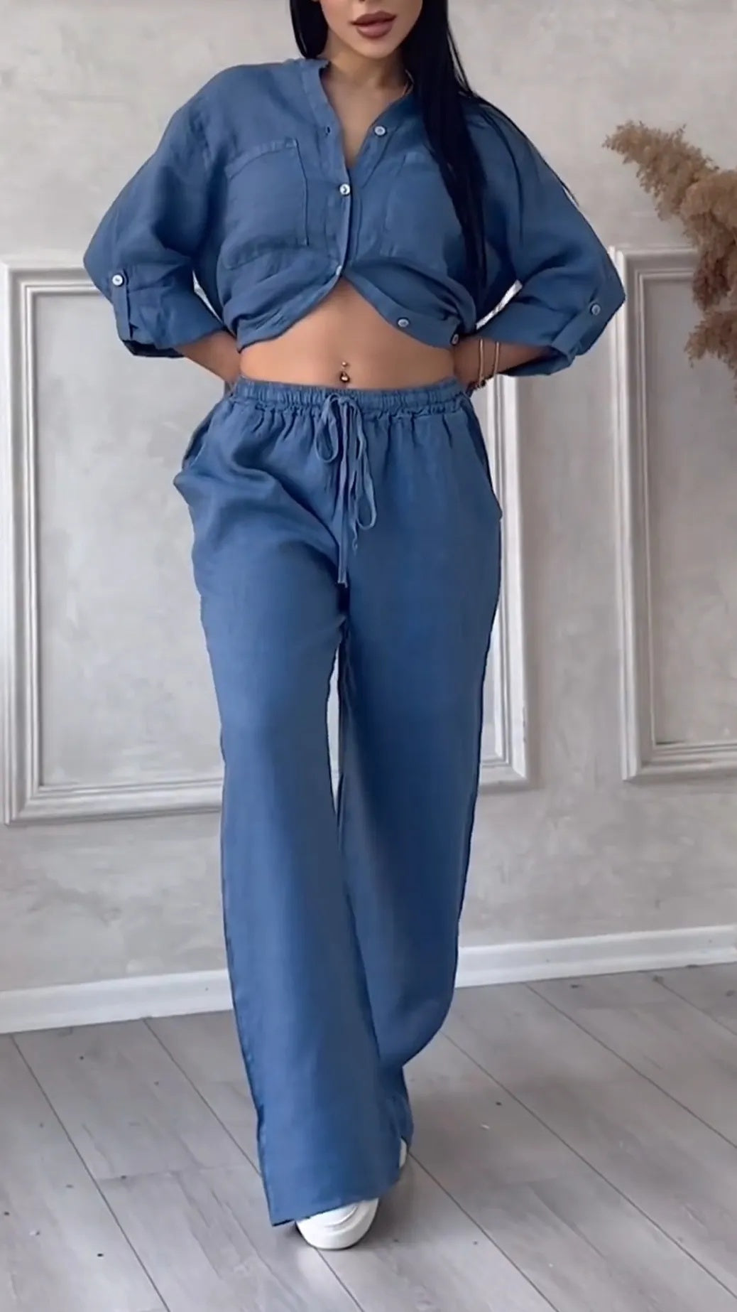 Rose V-Neck Cotton Linen Casual Suit