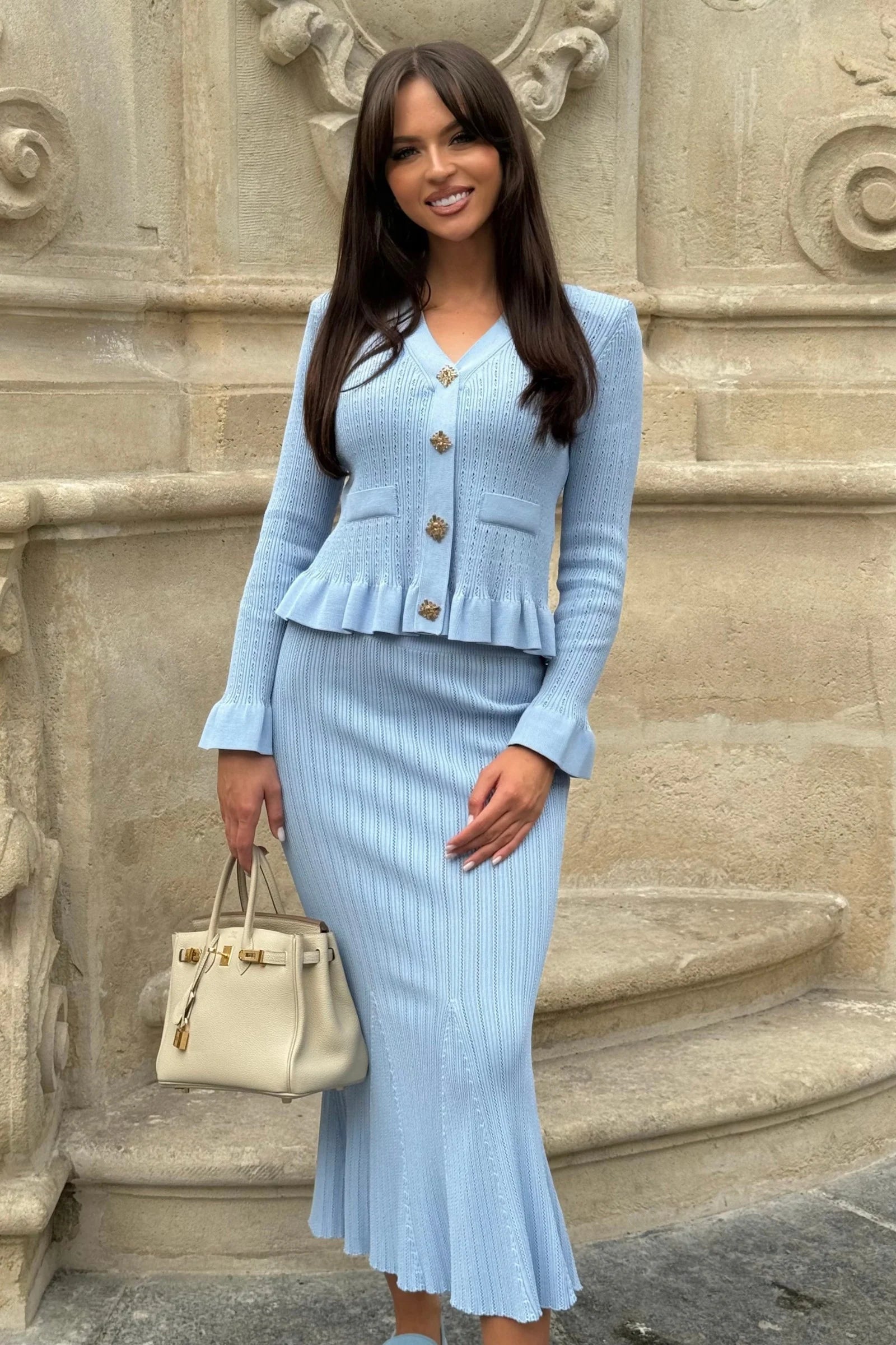 Ruffled Jacket & Flared Skirt Knit Matching Set
