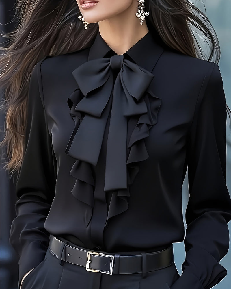Long-Sleeved Blouse with Bow and Ruffles