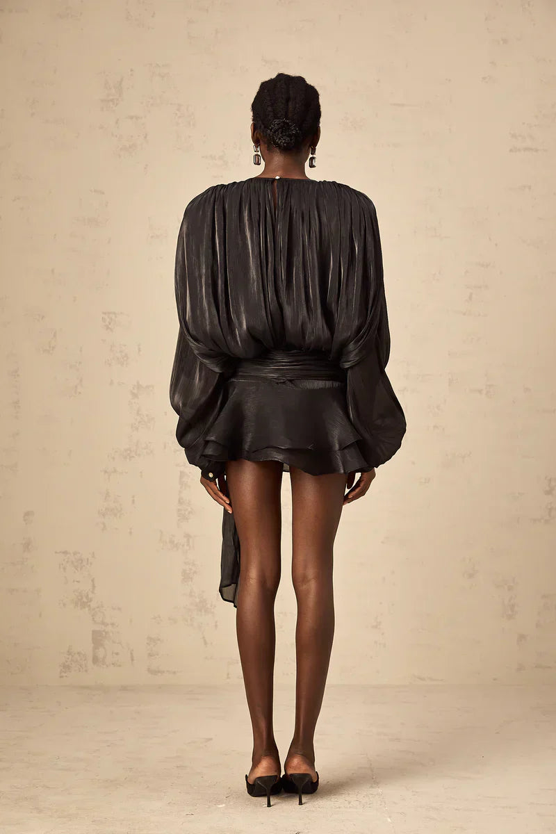 Black Gerafelde Pleated Mini Dress