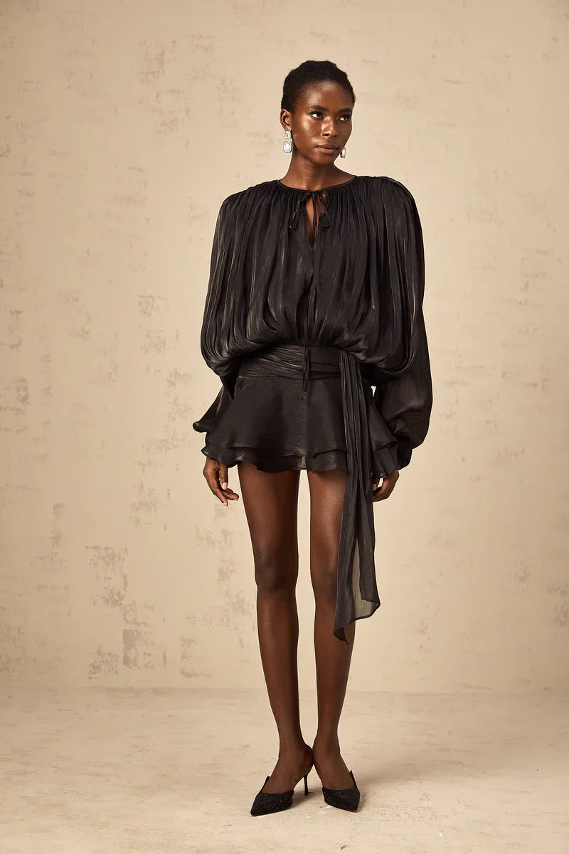 Black Gerafelde Pleated Mini Dress