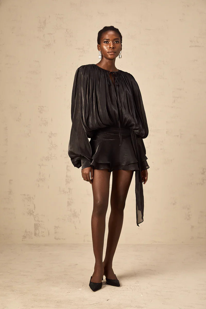Noir Ruffled Pleated Mini Dress