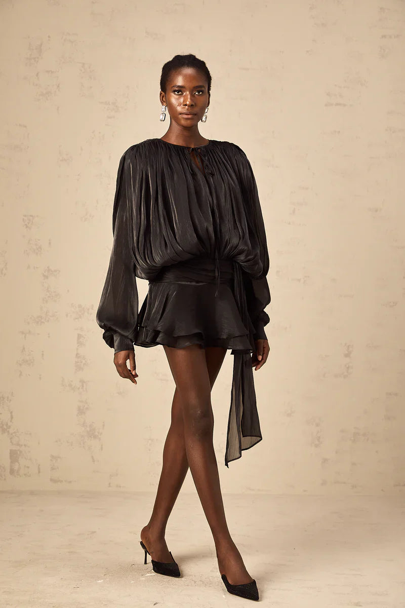 Noir Ruffled Pleated Mini Dress