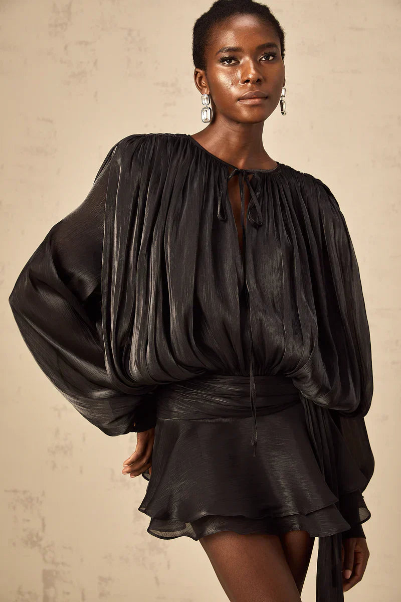Black Gerafelde Pleated Mini Dress