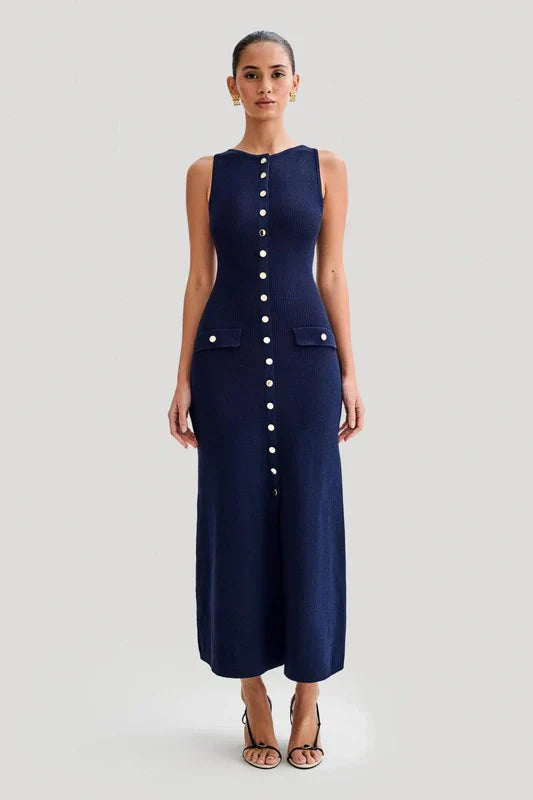 Kara Knit Maxi Dress with Button Closure