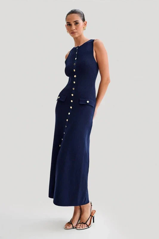 Kara Knit Maxi Dress with Button Closure