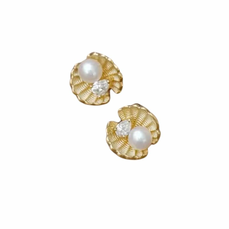 Stylish French Pearl Shell Earrings with Sun Charm - Elegance and Sunshine in One