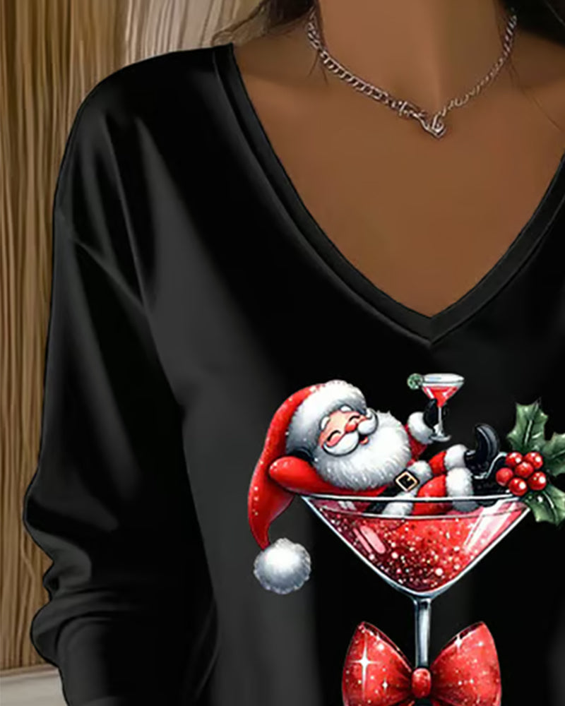 Loose Sitting Top with V-Neck and Christmas Print with Wine Glass