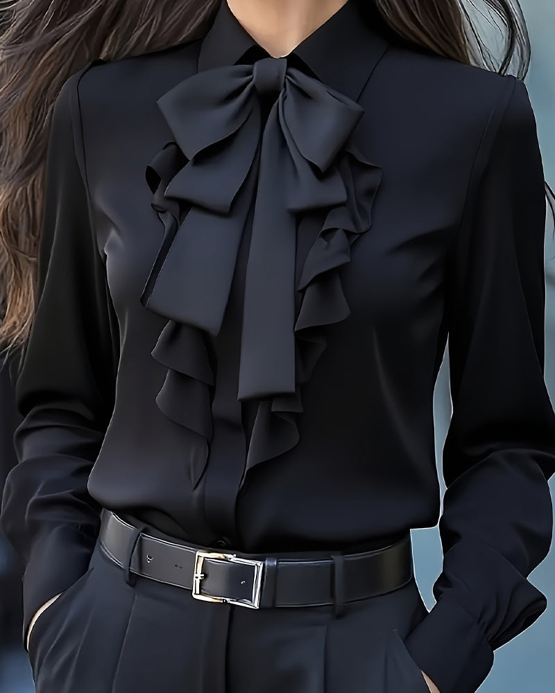 Long-Sleeved Blouse with Bow and Ruffles