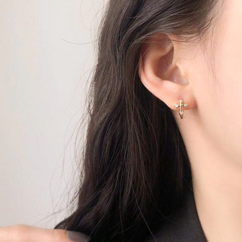 Stylish Elegant Cross Hoop Earrings with Sparkling Cubic Zirconia - Lillian
